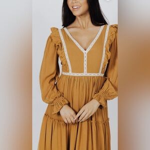 Elegant Mustard Dress with Lace Trim
